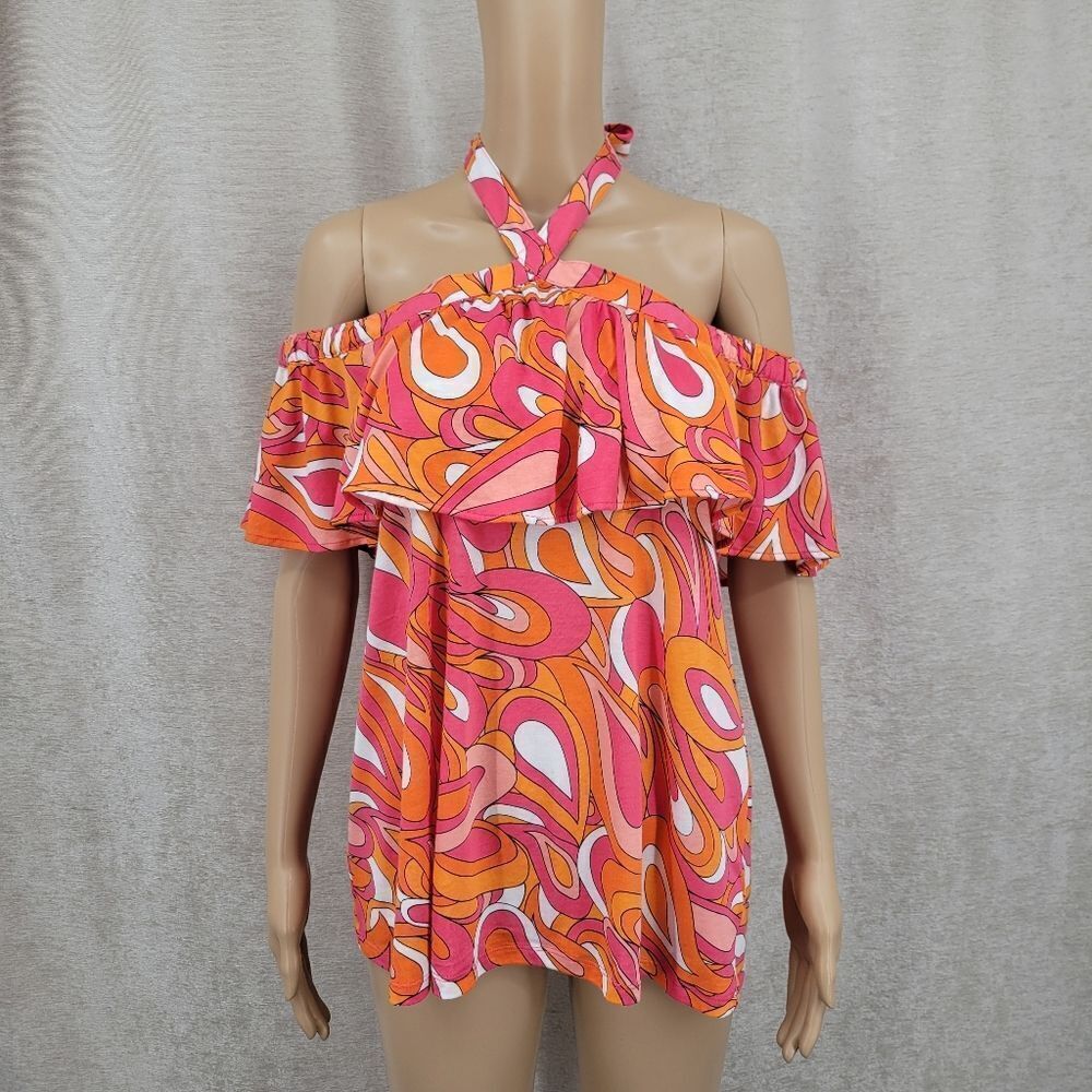 Michael Kors Flounce Halter Vibrant Pink and Orange Off Shoulder Top